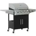Outsunny 52" Barbecue Grill with Wheels, 4+1 Burner Liquid Propane Gas Grill, Outdoor Cabinet Style BBQ Trolley with Side Burner, Warming Rack, Silver