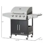 Outsunny 52" Barbecue Grill with Wheels, 4+1 Burner Liquid Propane Gas Grill, Outdoor Cabinet Style BBQ Trolley with Side Burner, Warming Rack, Silver - Image 3