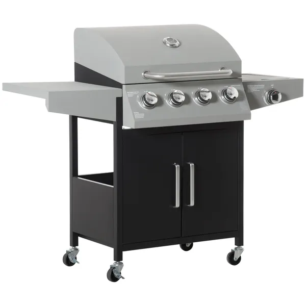 52-barbecue-grill-with-wheels-41-burner-liquid-propane-gas-grill-outdoor-cabinet-style-bbq-trolley-w-side-burner-warming-rack-silver.webp Outsunny 52" Barbecue Grill with Wheels, 4+1 Burner Liquid Propane Gas Grill, Outdoor Cabinet Style BBQ Trolley with Side Burner, Warming Rack, Silver - Image 1