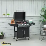 Outsunny 52 Barbecue Grill with Wheels 4+1 Burner Propane Gas Outdoor BBQ Trolley Side Burner Warming Rack Black - Image 2