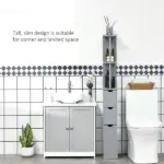 HOMCOM 54" Tall Bathroom Linen Tower, Freestanding Storage Cabinet with 2-Tier Shelf and Drawers, Narrow Organizer, Gray - Image 5