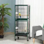 PawHut 55" 2 In 1 Large Bird Cage Parakeet House for Finches Budgies with Wheels Slide-out Trays Wood Perch Food Containers Green - Image 2