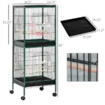 PawHut 55" 2 In 1 Large Bird Cage Parakeet House for Finches Budgies with Wheels Slide-out Trays Wood Perch Food Containers Green - Image 3