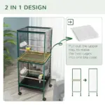 PawHut 55" 2 In 1 Large Bird Cage Parakeet House for Finches Budgies with Wheels Slide-out Trays Wood Perch Food Containers Green - Image 4