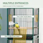 PawHut 55" 2 In 1 Large Bird Cage Parakeet House for Finches Budgies with Wheels Slide-out Trays Wood Perch Food Containers Green - Image 5