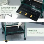 PawHut 55" 2 In 1 Large Bird Cage Parakeet House for Finches Budgies with Wheels Slide-out Trays Wood Perch Food Containers Green - Image 6