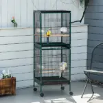 PawHut 55" 2 In 1 Large Bird Cage Parakeet House for Finches Budgies with Wheels Slide-out Trays Wood Perch Food Containers Green - Image 10