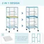 PawHut 55" 2 In 1 Parrot Cage with Wheels, Bird Cage, Easy to clean Aviary, Parakeet House, Finches Budgies, Blue - Image 4