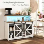 55" Coffee Bar Cabinet with Lights, Farmhouse Wine Cabinet with Wine and Glass Racks for Kitchen, Dining Room, White - Image 2