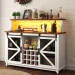 55" Coffee Bar Cabinet with Lights, Farmhouse Wine Cabinet with Wine and Glass Racks for Kitchen, Dining Room, White - Image 11