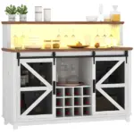 55" Coffee Bar Cabinet with Lights, Farmhouse Wine Cabinet with Wine and Glass Racks for Kitchen, Dining Room, White