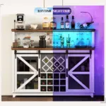 55" Coffee Bar Cabinet with Lights, Farmhouse Wine Cabinet with Wine and Glass Racks for Kitchen, Dining Room, White - Image 9