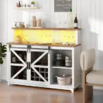 55" Coffee Bar Cabinet with Lights, Farmhouse Wine Cabinet with Wine and Glass Racks for Kitchen, Dining Room, White - Image 10