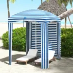 Outsunny 5.8' x 5.8' Blue White Stripe Cabana Umbrella with Single-top Vented Windows Ruffles Carry Bag for Outdoor Use - Image 2