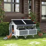 PawHut 59 Inch Wooden Chicken Coop with Wheels 2 Nesting Boxes 2 Trays and 4 Perches for 5-8 Chickens Gray - Image 2