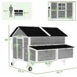 PawHut 59 Inch Wooden Chicken Coop with Wheels 2 Nesting Boxes 2 Trays and 4 Perches for 5-8 Chickens Gray - Image 3