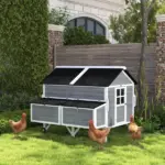 PawHut 59 Inch Wooden Chicken Coop with Wheels 2 Nesting Boxes 2 Trays and 4 Perches for 5-8 Chickens Gray - Image 10