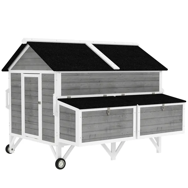 59-wooden-chicken-coop-w-wheels-handles-2-nesting-boxes-2-trays-4-perches-chicken-tractor-for-4-6-chickens-gray.webp PawHut 59 Inch Wooden Chicken Coop with Wheels 2 Nesting Boxes 2 Trays and 4 Perches for 5-8 Chickens Gray - Image 1