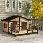PawHut 59"x64"x39" Large Wooden Dog House Raised Weatherproof Rustic Log Cabin Style Elevated Pet Shelter Porch Deck, Natural - Image 2