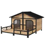 PawHut 59"x64"x39" Large Wooden Dog House Raised Weatherproof Rustic Log Cabin Style Elevated Pet Shelter Porch Deck, Natural - Image 11