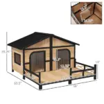 PawHut 59"x64"x39" Large Wooden Dog House Raised Weatherproof Rustic Log Cabin Style Elevated Pet Shelter Porch Deck, Natural - Image 3