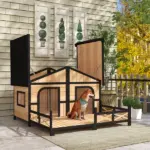PawHut 59"x64"x39" Large Wooden Dog House Raised Weatherproof Rustic Log Cabin Style Elevated Pet Shelter Porch Deck, Natural - Image 8