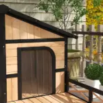 PawHut 59"x64"x39" Large Wooden Dog House Raised Weatherproof Rustic Log Cabin Style Elevated Pet Shelter Porch Deck, Natural - Image 9