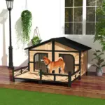 PawHut 59"x64"x39" Large Wooden Dog House Raised Weatherproof Rustic Log Cabin Style Elevated Pet Shelter Porch Deck, Natural - Image 10