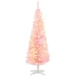 HOMCOM 5ft Pencil Christmas Tree, Slim Artificial Christmas Tree with Realistic Branches and Warm White LED Lights, Pink