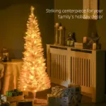 HOMCOM 5ft Pencil Christmas Tree, Slim Artificial Christmas Tree with Realistic Branches and Warm White LED Lights, Pink - Image 3