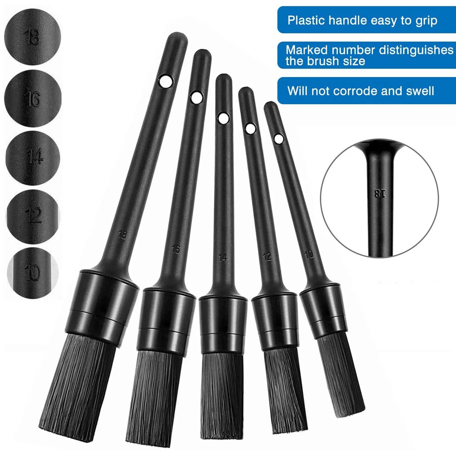 5 Piece Boar Hair Car Detailing Brush Set for Interior Wheels and Trim