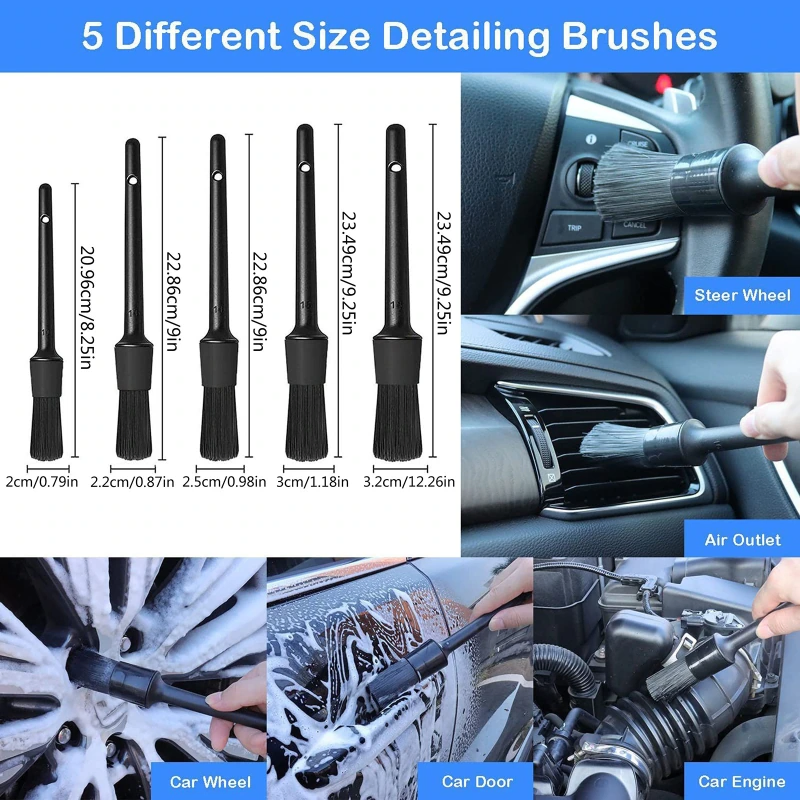 5 Piece Boar Hair Car Detailing Brush Set for Interior Wheels and Trim