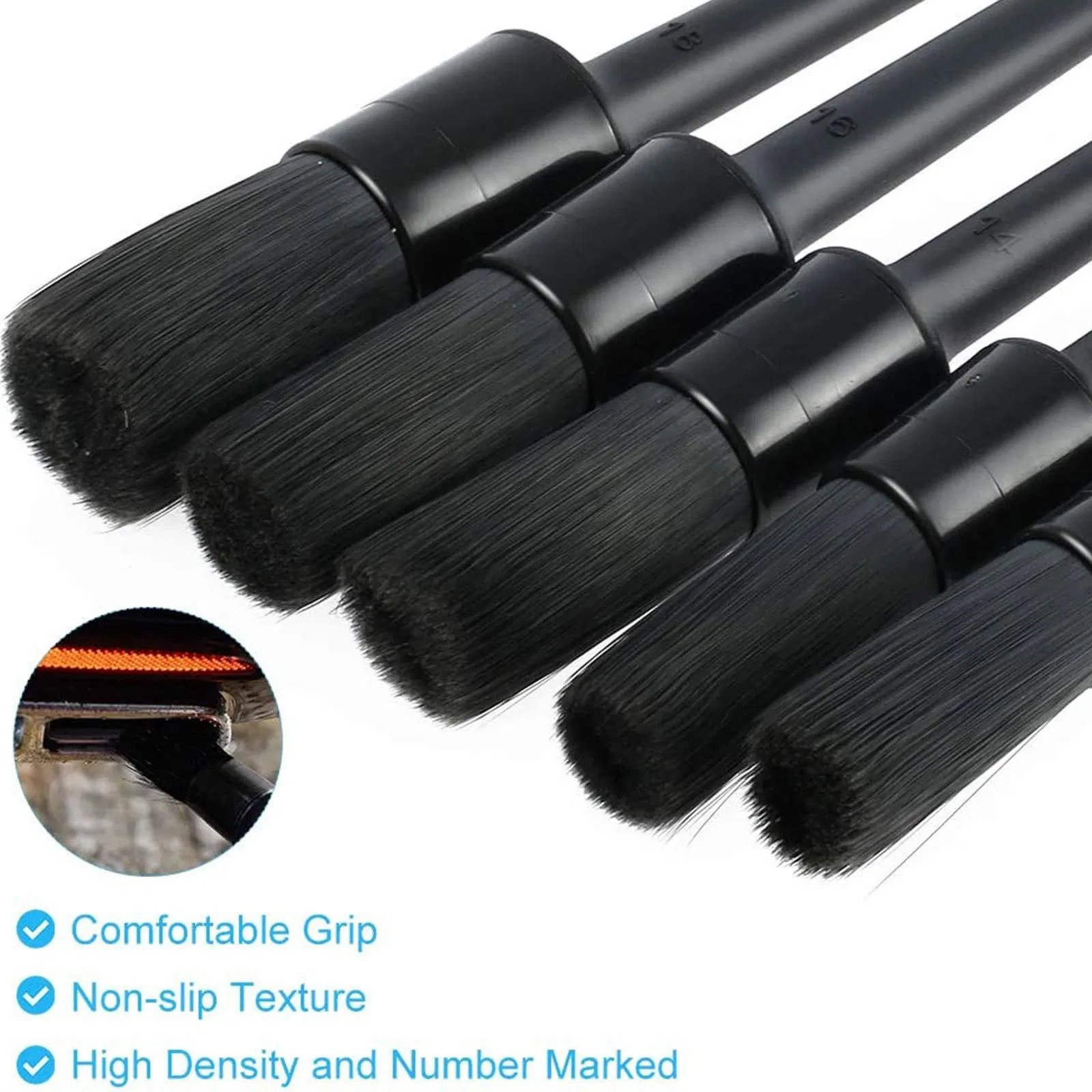 5 Piece Boar Hair Car Detailing Brush Set for Interior Wheels and Trim