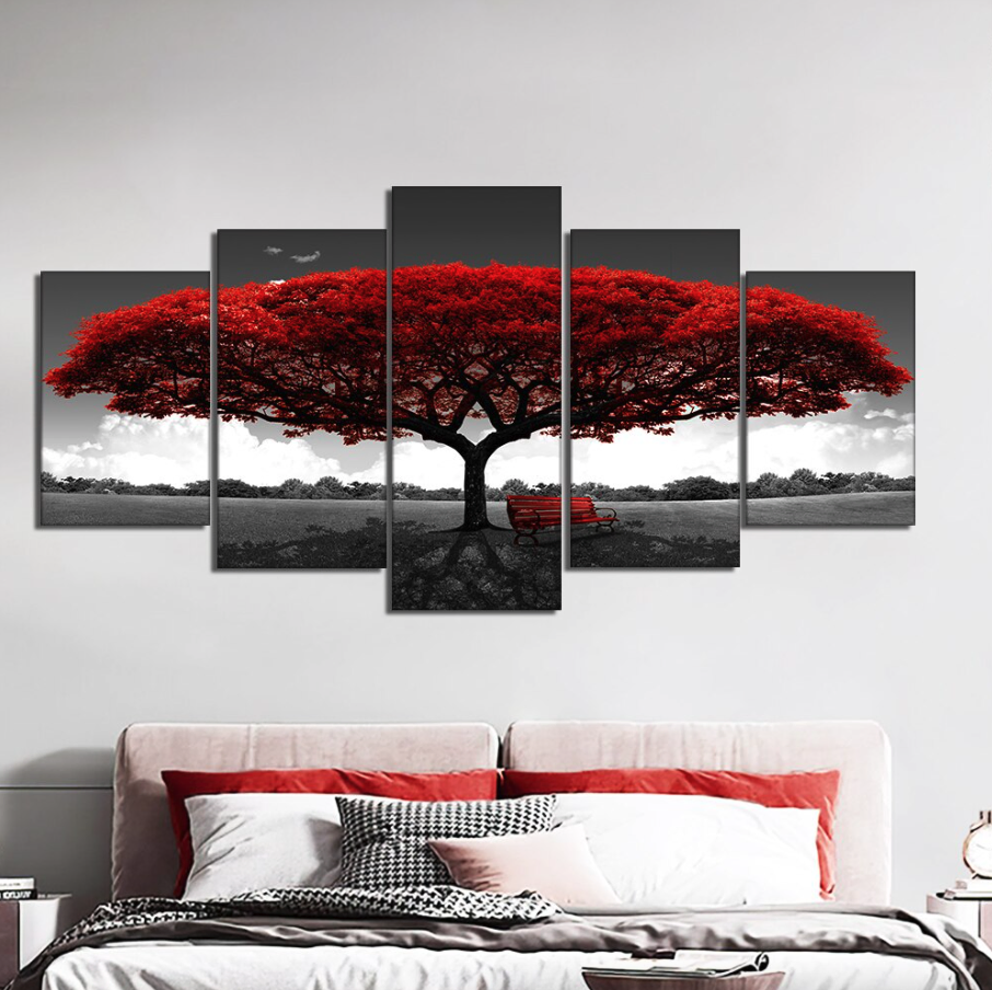 5 Piece Red Tree Canvas Wall Art Print Set, Frameless