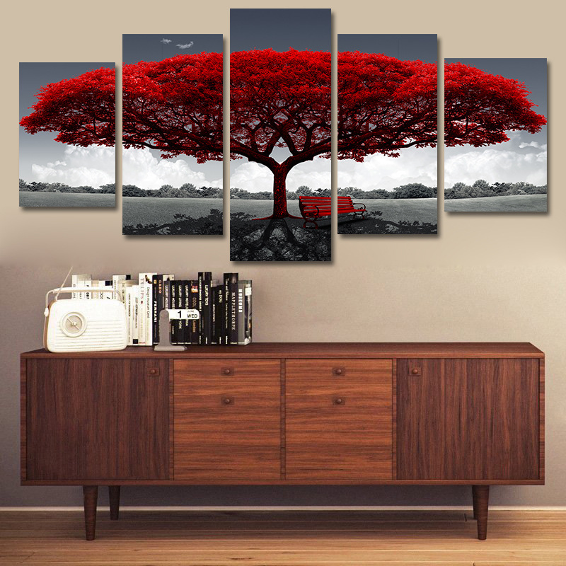 5 Piece Red Tree Canvas Wall Art Print Set, Frameless