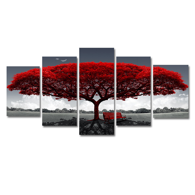 5 Piece Red Tree Canvas Wall Art Print Set, Frameless
