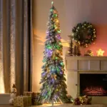 HOMCOM 6 ft Artificial Slim Christmas Trees, with Snow Frosted Branches, Warm White or Colorful LED Lights, Downswept Shape - Image 2