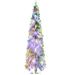 HOMCOM 6 ft Artificial Slim Christmas Trees, with Snow Frosted Branches, Warm White or Colorful LED Lights, Downswept Shape