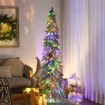 HOMCOM 6 ft Artificial Slim Christmas Trees, with Snow Frosted Branches, Warm White or Colorful LED Lights, Downswept Shape - Image 10