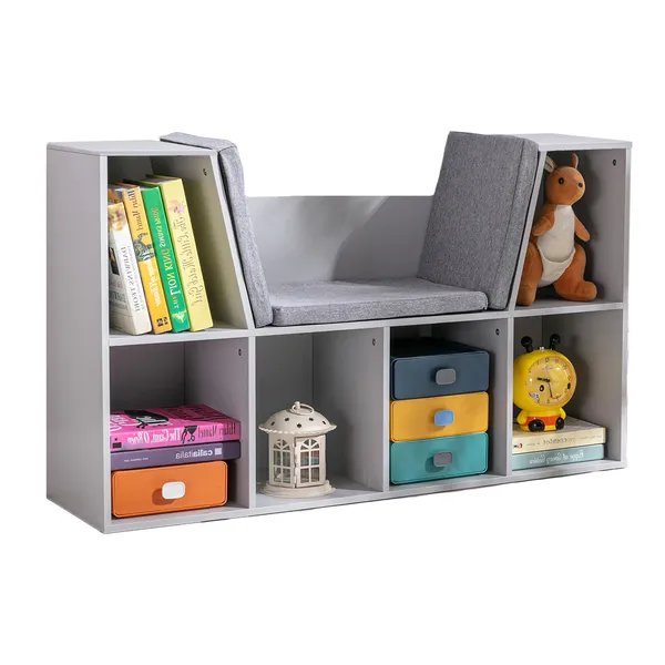 6-cube-kids-bookcase-with-reading-nook-toddler-storage-cabinet-shelf-with-seat-cushion-for-playroom-bedroom-405x12x235-gray.webp 6-Cube Kids Bookcase with Reading Nook, Toddler Storage Cabinet Shelf with Seat Cushion for Playroom Bedroom, 40.5"x12"x23.5", Gray - Image 1