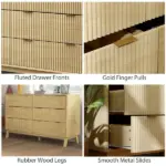 6 Drawer Double Dresser for Bedroom, Fluted Chest of Drawers with Gold Finger Pulls and 5 Wood Legs, Natural Wood - Image 7