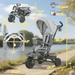 Qaba 6-in-1 Kids Tricycle with Adjustable Push Handle, Removable Canopy, Reversible Seat, for 1-5 Years, Gray - Image 3