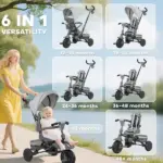 Qaba 6-in-1 Kids Tricycle with Adjustable Push Handle, Removable Canopy, Reversible Seat, for 1-5 Years, Gray - Image 4