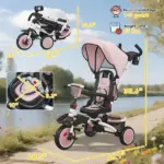 6 in 1 Kids Tricycle with Adjustable Push Handle, Removable Canopy, Reversible Seat, for 1-5 Years, Pink - Image 3