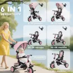 6 in 1 Kids Tricycle with Adjustable Push Handle, Removable Canopy, Reversible Seat, for 1-5 Years, Pink - Image 4