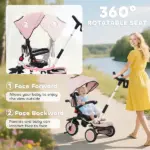 6 in 1 Kids Tricycle with Adjustable Push Handle, Removable Canopy, Reversible Seat, for 1-5 Years, Pink - Image 5