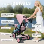 6 in 1 Kids Tricycle with Adjustable Push Handle, Removable Canopy, Reversible Seat, for 1-5 Years, Pink - Image 9