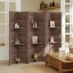 HOMCOM 6 Panel 67" Tall Wood Privacy Screen Room Divider with 3 Shelves and Folding Storage for Bedroom, Walnut - Image 2