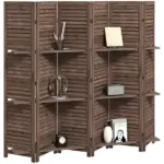 HOMCOM 6 Panel 67" Tall Wood Privacy Screen Room Divider with 3 Shelves and Folding Storage for Bedroom, Walnut