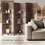 HOMCOM 6 Panel 67" Tall Wood Privacy Screen Room Divider with 3 Shelves and Folding Storage for Bedroom, Walnut - Image 4